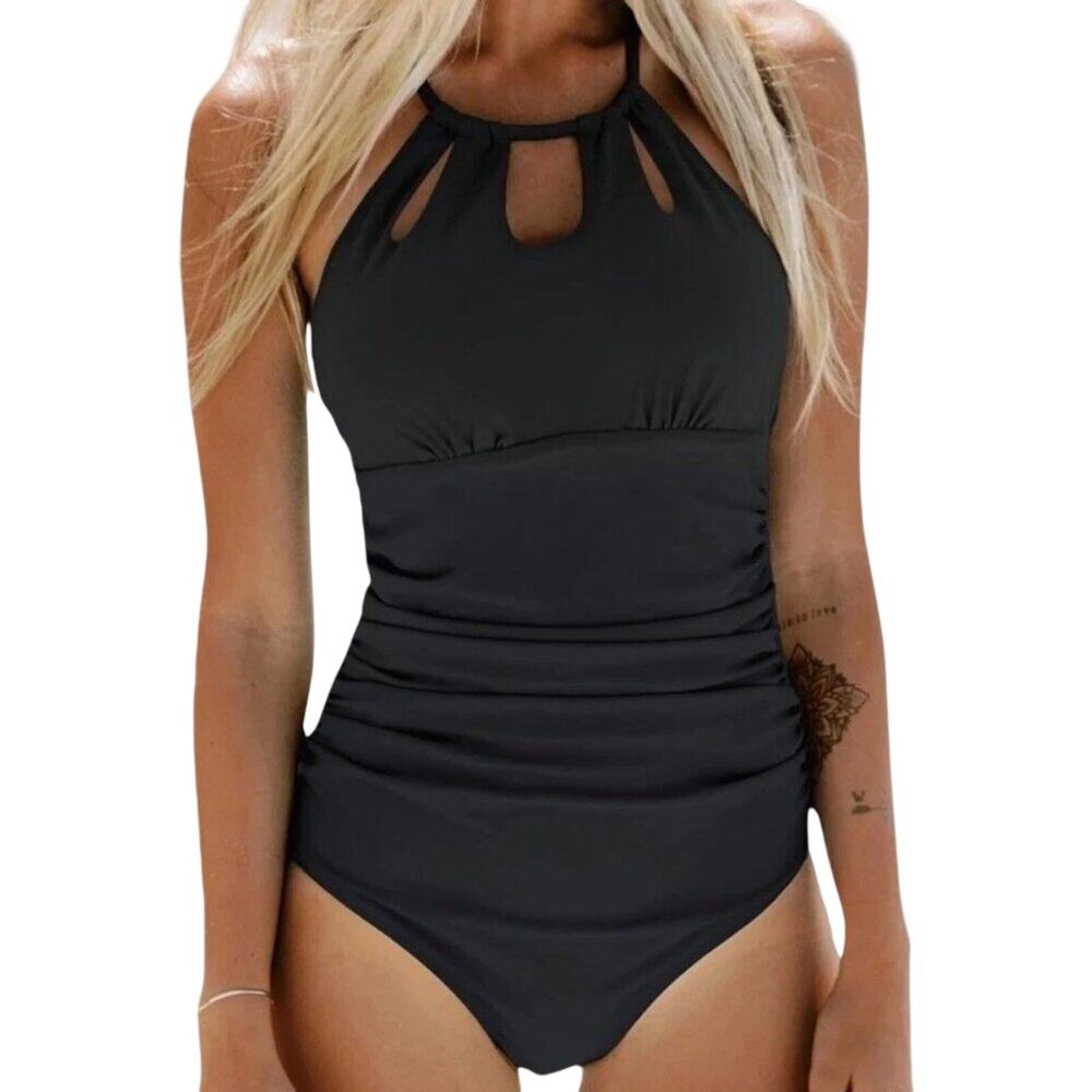 Women's Cupshe One Piece Swimsuit Medium Black Ruched Keyhole Crisscross Back